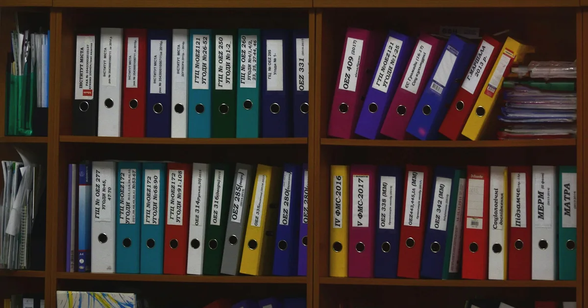 Organised archive files on library shelves