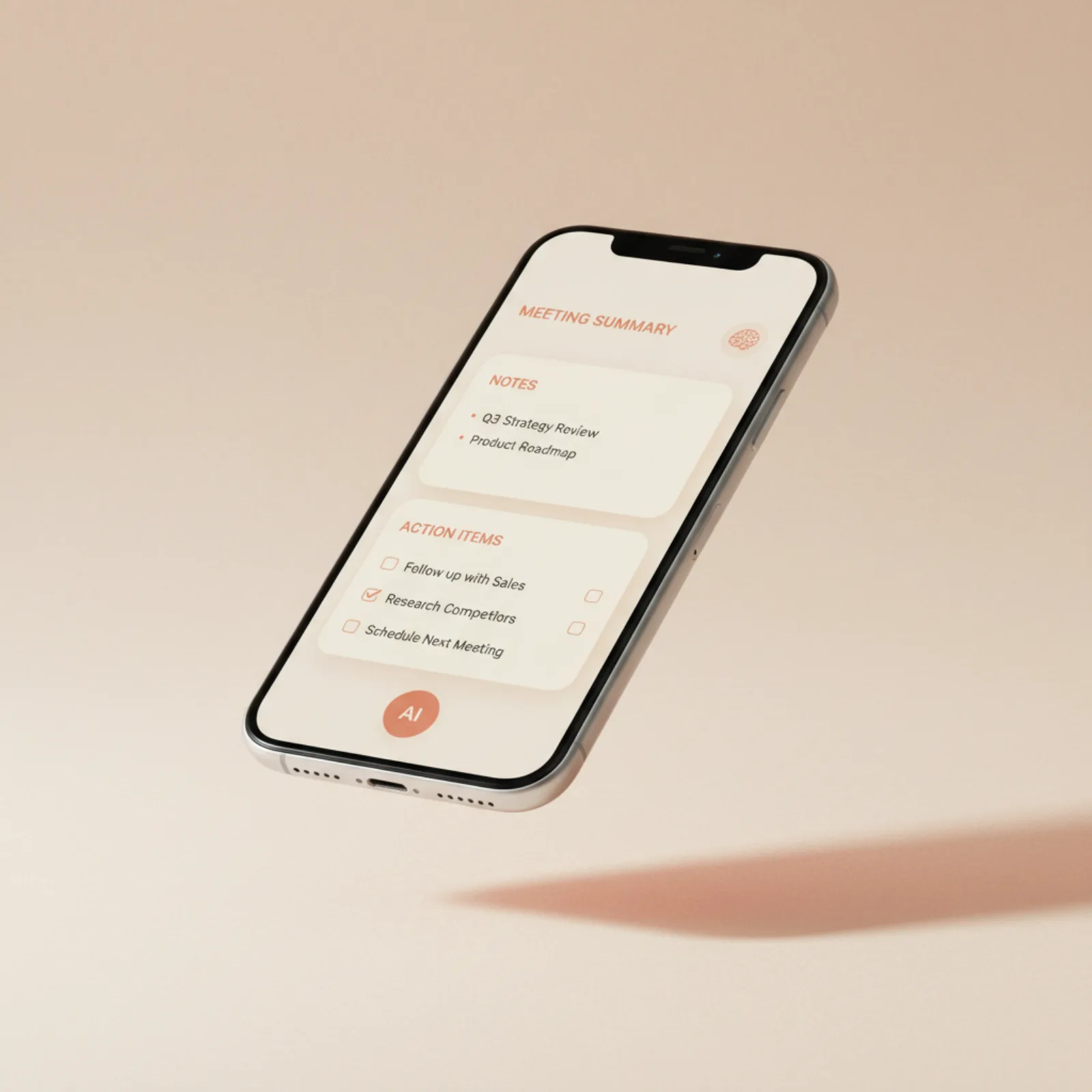 The Meetings Brief assistant open on a phone, showing a meeting summary with action items