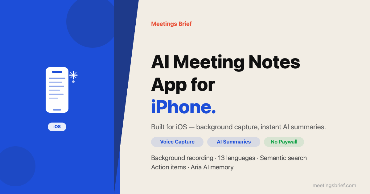 iPhone screen showing AI-generated meeting notes with voice capture interface and AI sparkle icon
