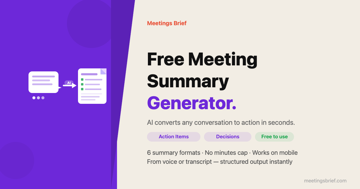 Speech bubbles converting into a structured AI meeting summary document with action item checkboxes