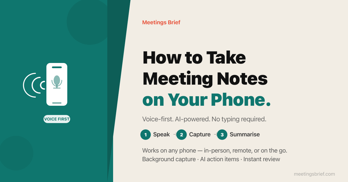 Phone with sound waves icon showing the speak, capture, summarise workflow for mobile meeting notes